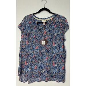 Knox Rose Blue Floral Short Sleeve Blouse with Pink Accents